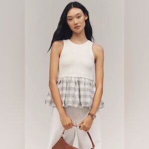 Anthropologie White and Gray Plaid Peplum Tank Top